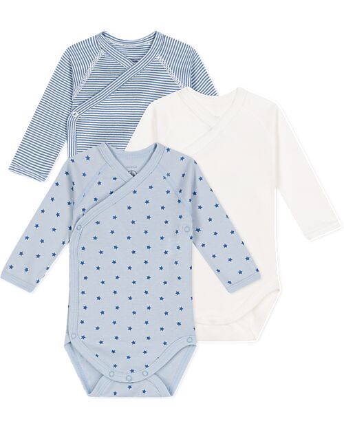 Petit Bateau Long Sleeve Kimono Bodysuit - Pack of 3 - Stars and Stripes - White and Blue - 100% Organic Cotton Long Sleeves Bodies