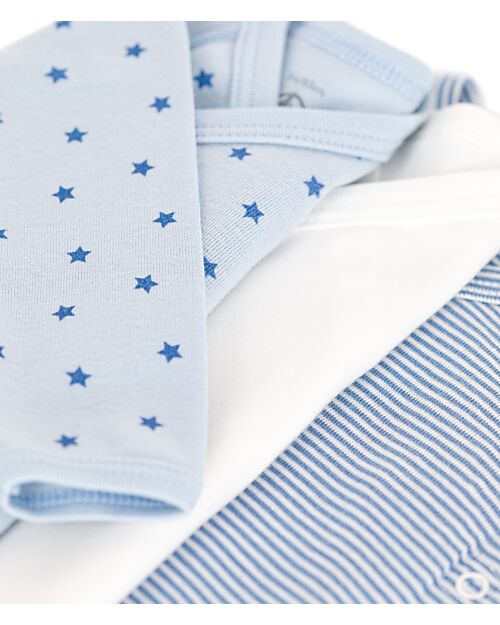 Petit Bateau Long Sleeve Kimono Bodysuit - Pack of 3 - Stars and Stripes - White and Blue - 100% Organic Cotton Long Sleeves Bodies