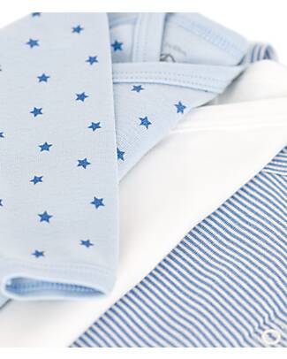 Petit Bateau Long Sleeve Kimono Bodysuit - Pack of 3 - Stars and Stripes - White and Blue - 100% Organic Cotton Long Sleeves Bodies