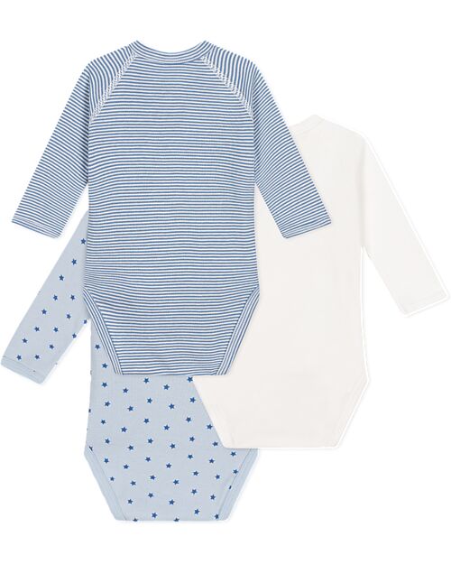 Petit Bateau Long Sleeve Kimono Bodysuit - Pack of 3 - Stars and Stripes - White and Blue - 100% Organic Cotton Long Sleeves Bodies