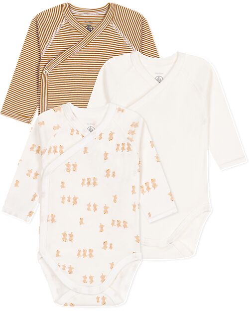 Petit Bateau Long-Sleeve Kimono Bodysuit - Pack of 3 - White and Brown - Stripes and Birds - 100% Organic Cotton Long Sleeves Bodies