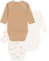 Petit Bateau Long-Sleeve Kimono Bodysuit - Pack of 3 - White and Brown - Stripes and Birds - 100% Organic Cotton Long Sleeves Bodies