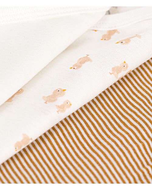 Petit Bateau Long-Sleeve Kimono Bodysuit - Pack of 3 - White and Brown - Stripes and Birds - 100% Organic Cotton Long Sleeves Bodies