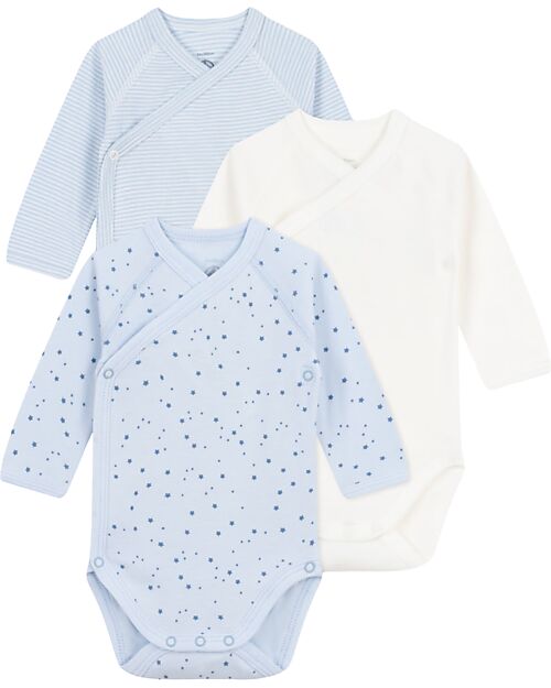 Petit Bateau Long-Sleeve Kimono Bodysuit - Pack of 3 - White and Light Blue - Stars and Stripes - 100% Organic Cotton Long Sleeves Bodies