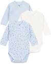 Petit Bateau Long-Sleeve Kimono Bodysuit - Pack of 3 - White and Light Blue - Stars and Stripes - 100% Organic Cotton Long Sleeves Bodies