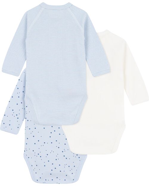 Petit Bateau Long-Sleeve Kimono Bodysuit - Pack of 3 - White and Light Blue - Stars and Stripes - 100% Organic Cotton Long Sleeves Bodies