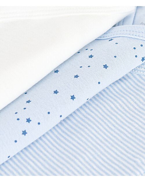 Petit Bateau Long-Sleeve Kimono Bodysuit - Pack of 3 - White and Light Blue - Stars and Stripes - 100% Organic Cotton Long Sleeves Bodies