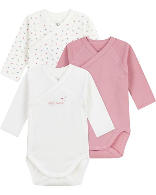 Petit Bateau Long-Sleeve Kimono Bodysuit - Pack of 3 - White and Pink - Hearts - 100% Organic Cotton Long Sleeves Bodies