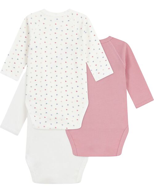 Petit Bateau Long-Sleeve Kimono Bodysuit - Pack of 3 - White and Pink - Hearts - 100% Organic Cotton Long Sleeves Bodies