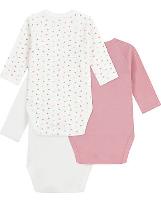 Petit Bateau Long-Sleeve Kimono Bodysuit - Pack of 3 - White and Pink - Hearts - 100% Organic Cotton Long Sleeves Bodies