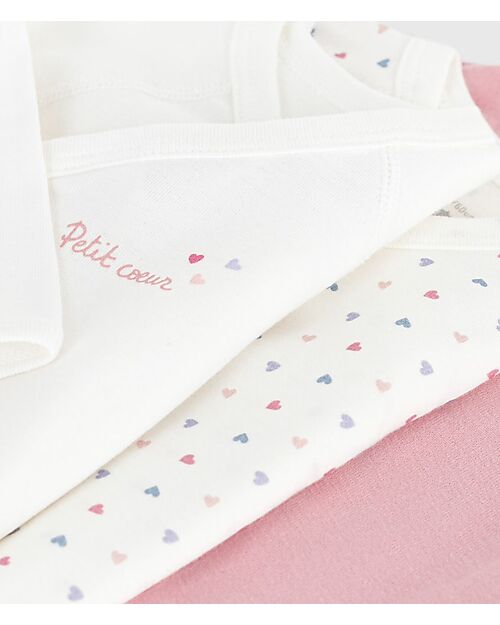 Petit Bateau Long-Sleeve Kimono Bodysuit - Pack of 3 - White and Pink - Hearts - 100% Organic Cotton Long Sleeves Bodies