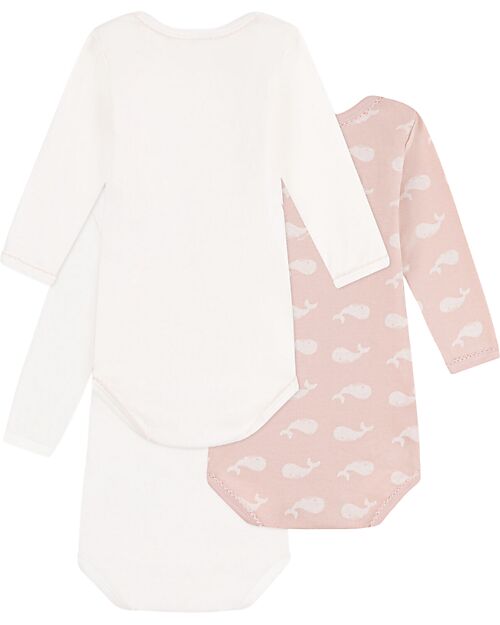 Petit Bateau Long-Sleeve Kimono Bodysuit - Pack of 3 - White and Pink - Whales - 100% Organic Cotton Long Sleeves Bodies