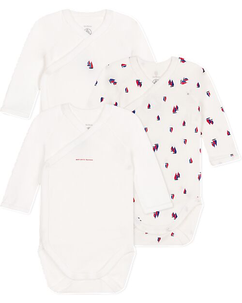 Petit Bateau Long-Sleeve Kimono Bodysuit - Pack of 3 - White - Sailboats - 100% Organic Cotton Long Sleeves Bodies
