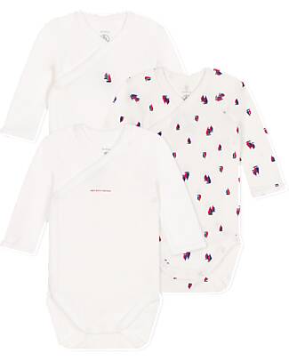 Petit Bateau Long-Sleeve Kimono Bodysuit - Pack of 3 - White - Sailboats - 100% Organic Cotton Long Sleeves Bodies