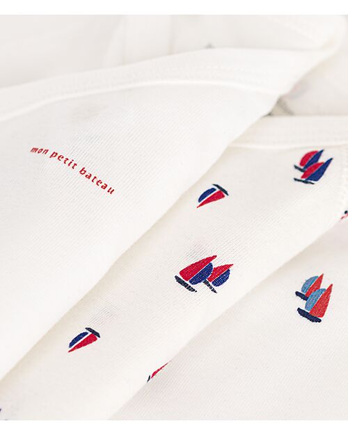 Petit Bateau Long-Sleeve Kimono Bodysuit - Pack of 3 - White - Sailboats - 100% Organic Cotton Long Sleeves Bodies