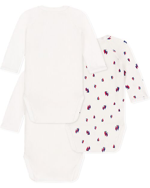 Petit Bateau Long-Sleeve Kimono Bodysuit - Pack of 3 - White - Sailboats - 100% Organic Cotton Long Sleeves Bodies