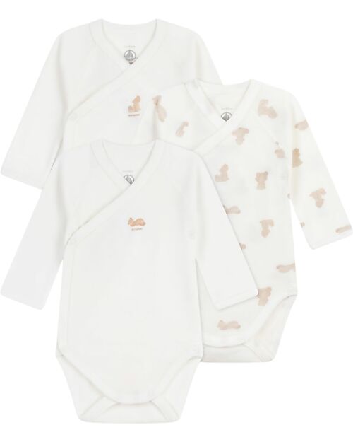 Petit Bateau Long-Sleeve Kimono Bodysuit - Pack of 3 - White - Teddy - 100% Organic Cotton Long Sleeves Bodies