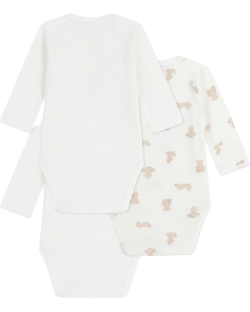 Petit Bateau Long-Sleeve Kimono Bodysuit - Pack of 3 - White - Teddy - 100% Organic Cotton Long Sleeves Bodies