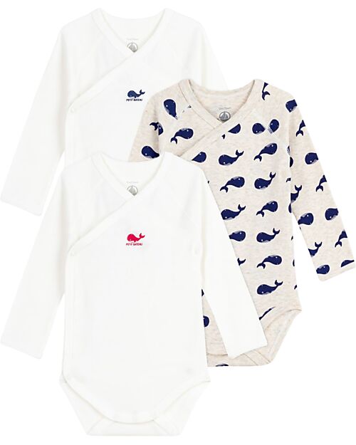 Petit Bateau Long-Sleeve Kimono Bodysuit - Pack of 3 - White - Whales - 100% Organic Cotton Long Sleeves Bodies