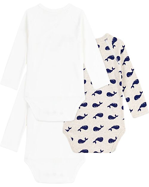 Petit Bateau Long-Sleeve Kimono Bodysuit - Pack of 3 - White - Whales - 100% Organic Cotton Long Sleeves Bodies