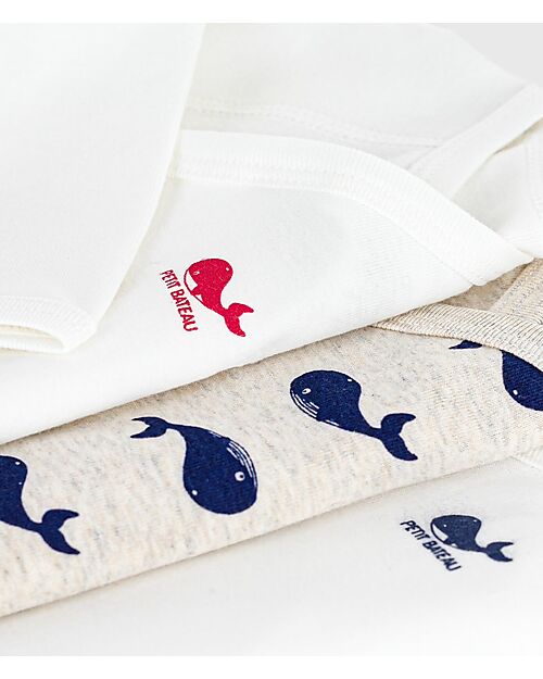Petit Bateau Long-Sleeve Kimono Bodysuit - Pack of 3 - White - Whales - 100% Organic Cotton Long Sleeves Bodies