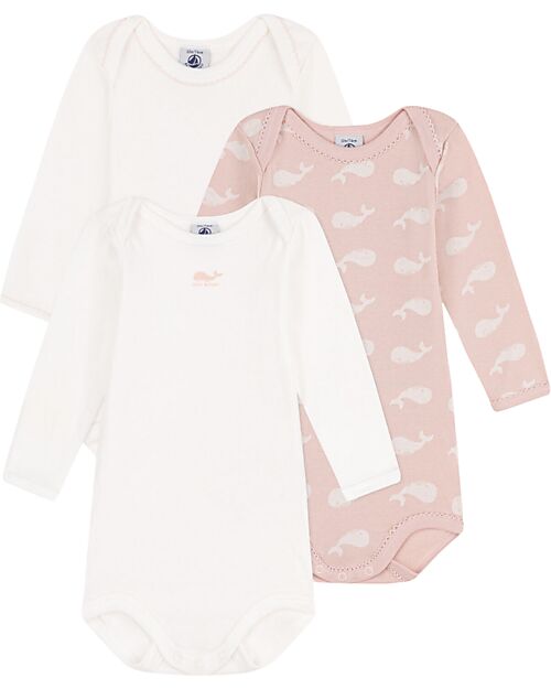Petit Bateau Long-Sleeve Non-Wrap Bodysuit - Pack of 3 - White and Pink - Whales - 100% Organic Cotton Long Sleeves Bodies