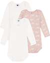 Petit Bateau Long-Sleeve Non-Wrap Bodysuit - Pack of 3 - White and Pink - Whales - 100% Organic Cotton Long Sleeves Bodies