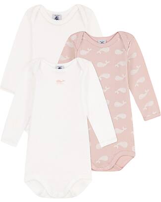 Petit Bateau Long-Sleeve Non-Wrap Bodysuit - Pack of 3 - White and Pink - Whales - 100% Organic Cotton Long Sleeves Bodies