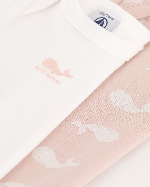 Petit Bateau Long-Sleeve Non-Wrap Bodysuit - Pack of 3 - White and Pink - Whales - 100% Organic Cotton Long Sleeves Bodies