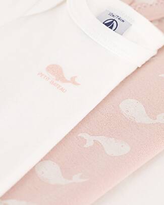 Petit Bateau Long-Sleeve Non-Wrap Bodysuit - Pack of 3 - White and Pink - Whales - 100% Organic Cotton Long Sleeves Bodies
