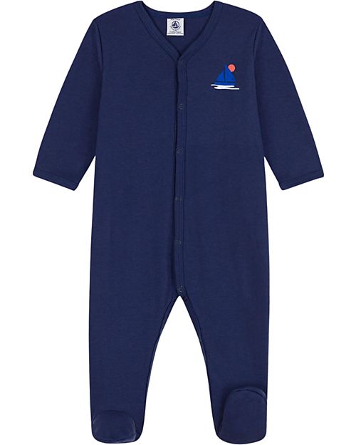 Petit Bateau Long Sleeve Onesie - Blue - 100% Organic Cotton Babygrows