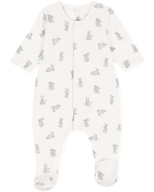 Petit Bateau Long Sleeve Pyjama - White - Rabbit - 100% Organic Cotton Babygrows
