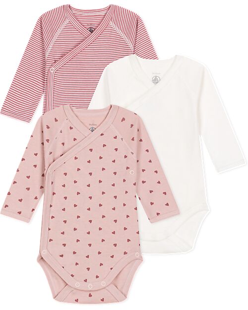 Petit Bateau Long Sleeve Wrap Bodysuit - Pack of 3 - Hearts and Stripes - White and Pink - 100% Organic Cotton Long Sleeves Bodies