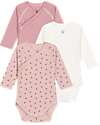 Petit Bateau Long Sleeve Wrap Bodysuit - Pack of 3 - Hearts and Stripes - White and Pink - 100% Organic Cotton Long Sleeves Bodies