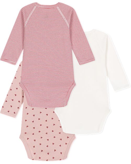 Petit Bateau Long Sleeve Wrap Bodysuit - Pack of 3 - Hearts and Stripes - White and Pink - 100% Organic Cotton Long Sleeves Bodies