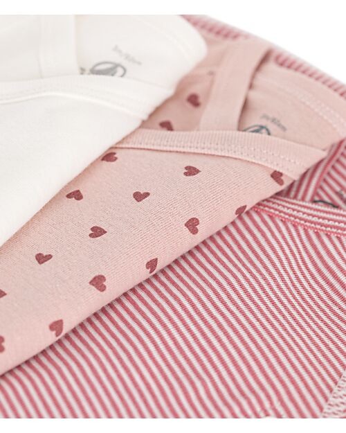 Petit Bateau Long Sleeve Wrap Bodysuit - Pack of 3 - Hearts and Stripes - White and Pink - 100% Organic Cotton Long Sleeves Bodies