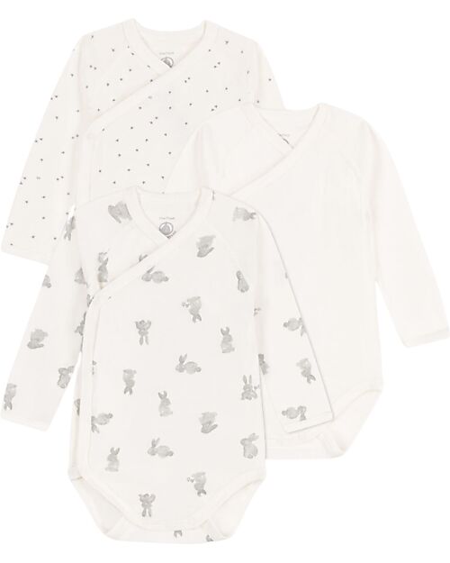 Petit Bateau Long Sleeve Wrap Bodysuit - Pack of 3 - Rabbit - White - 100% Organic Cotton Long Sleeves Bodies