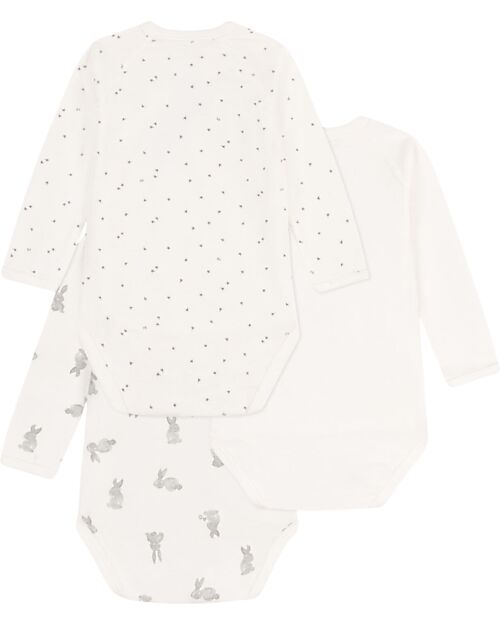 Petit Bateau Long Sleeve Wrap Bodysuit - Pack of 3 - Rabbit - White - 100% Organic Cotton Long Sleeves Bodies