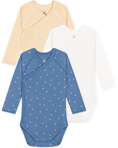 Petit Bateau Long Sleeve Wrap Bodysuit - Pack of 3 - White/Cream Yellow and Blue - 100% Organic Cotton Long Sleeves Bodies