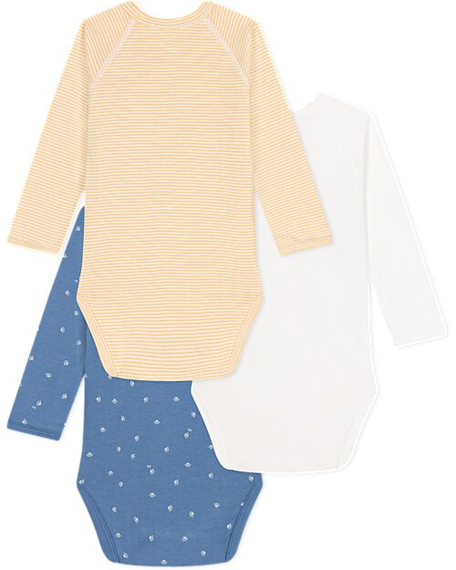 Petit Bateau Long Sleeve Wrap Bodysuit - Pack of 3 - White/Cream Yellow and Blue - 100% Organic Cotton Long Sleeves Bodies