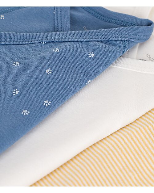 Petit Bateau Long Sleeve Wrap Bodysuit - Pack of 3 - White/Cream Yellow and Blue - 100% Organic Cotton Long Sleeves Bodies
