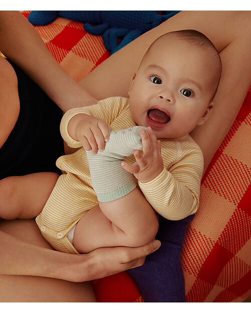 Petit Bateau Long Sleeve Wrap Bodysuit - Pack of 3 - White/Cream Yellow and Blue - 100% Organic Cotton Long Sleeves Bodies