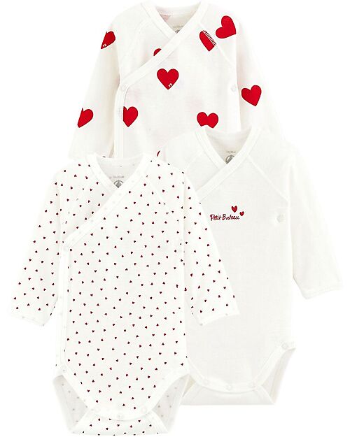 Petit Bateau Long Sleeve Wrap Bodysuit - Pack of 3 - White - Hearts - 100% Organic Cotton Long Sleeves Bodies