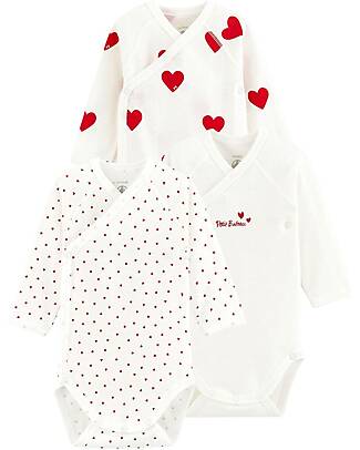 Petit Bateau Long Sleeve Wrap Bodysuit - Pack of 3 - White - Hearts - 100% Organic Cotton Long Sleeves Bodies