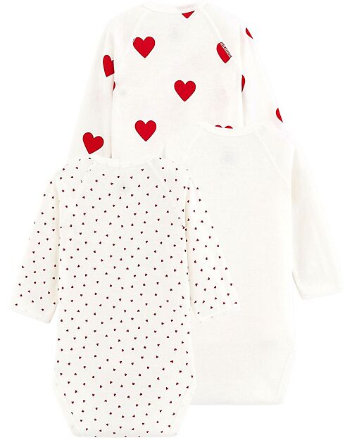 Petit Bateau Long Sleeve Wrap Bodysuit - Pack of 3 - White - Hearts - 100% Organic Cotton Long Sleeves Bodies