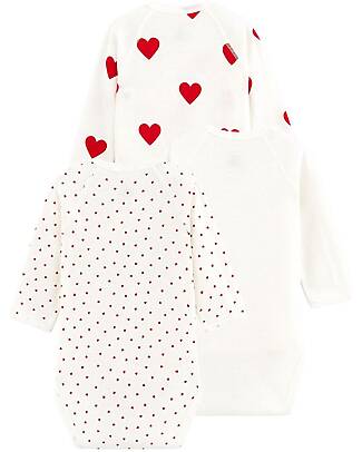 Petit Bateau Long Sleeve Wrap Bodysuit - Pack of 3 - White - Hearts - 100% Organic Cotton Long Sleeves Bodies