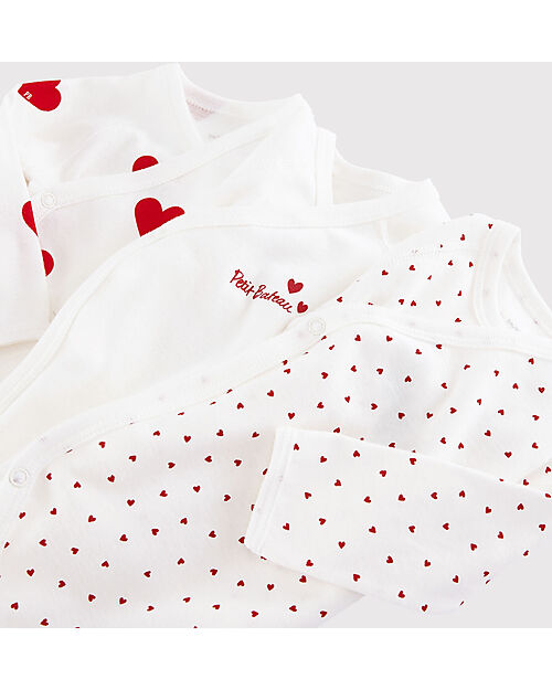 Petit Bateau Long Sleeve Wrap Bodysuit - Pack of 3 - White - Hearts - 100% Organic Cotton Long Sleeves Bodies