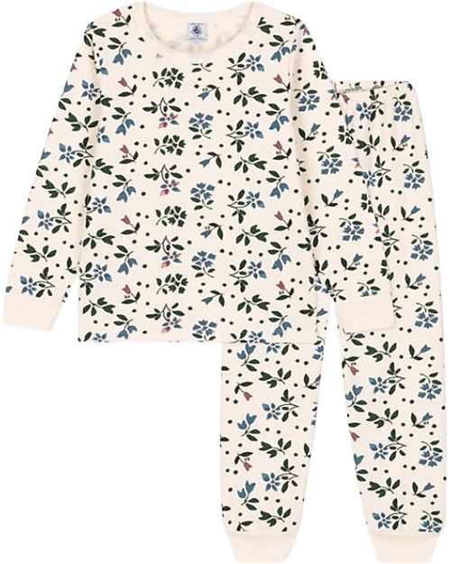Petit Bateau Long-Sleeved Fleece Pajamas with Flower Pattern - Avalanche White/Multico - 100% Cotton Pyjamas