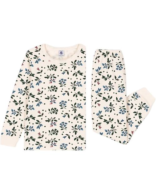 Petit Bateau Long-Sleeved Fleece Pajamas with Flower Pattern - Avalanche White/Multico - 100% Cotton Pyjamas