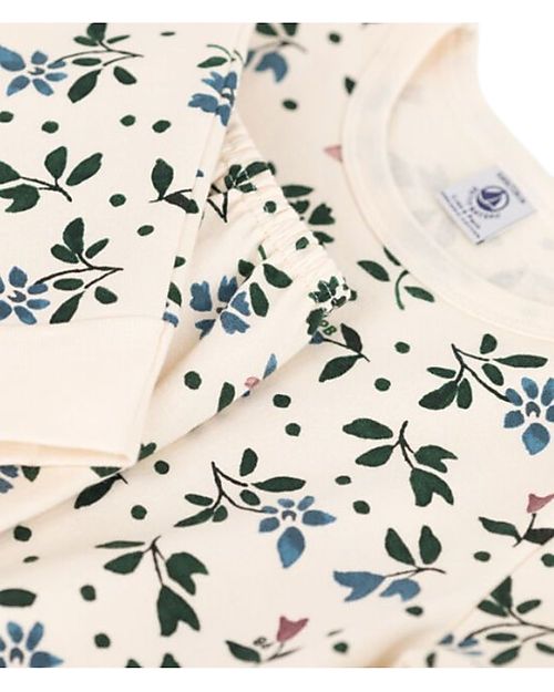 Petit Bateau Long-Sleeved Fleece Pajamas with Flower Pattern - Avalanche White/Multico - 100% Cotton Pyjamas